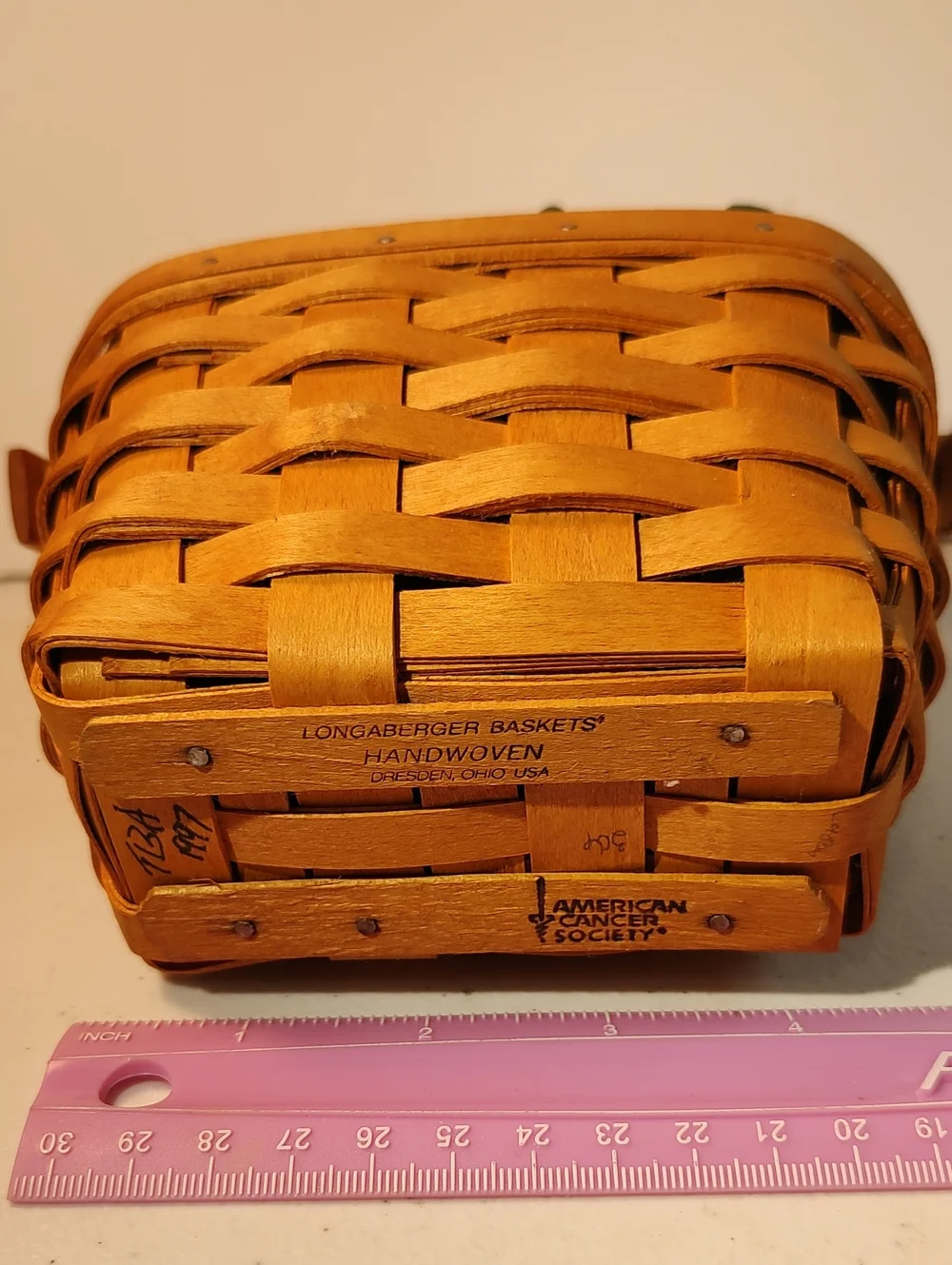 Longaberger 1997 American Cancer Society Basket, Liner And Plastic Protector